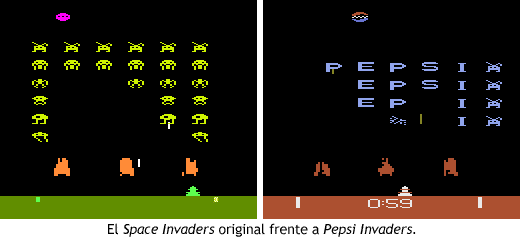 El Space Invaders de Atari 2600 y la modificación del mismo entregada a los ejecutivos de Coca-Cola en una convención de 1983: Pepsi Invaders.