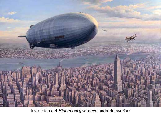 Ilustración del Hindenburg sobrevolando Nueva York