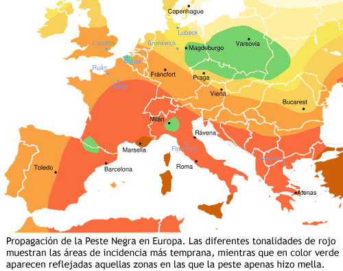 Peste Negra - Mapa de incidencia en Europa